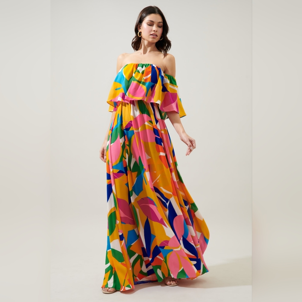 Sugarlips Off-Shoulder Maxi Dress in Yellow, Pink, Green & Blue